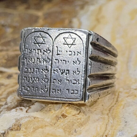 Vtg Judaica Mens Sz 11 Hebrew 10 Commandments 21g Sterling Silver Jewish Jewelry - Picture 3 of 8